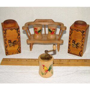 Vtg Wooden Rooster Salt & Pepper SHAKER Lot, Japan Grinder, Bench, Boxy,Souvenir